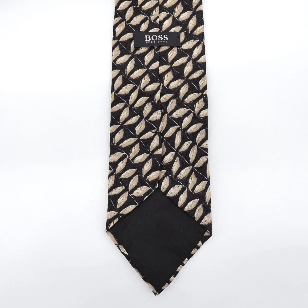 Hugo Boss Woven Leaf Pattern Necktie Black Tan Mens Tie - Picture 2 of 3